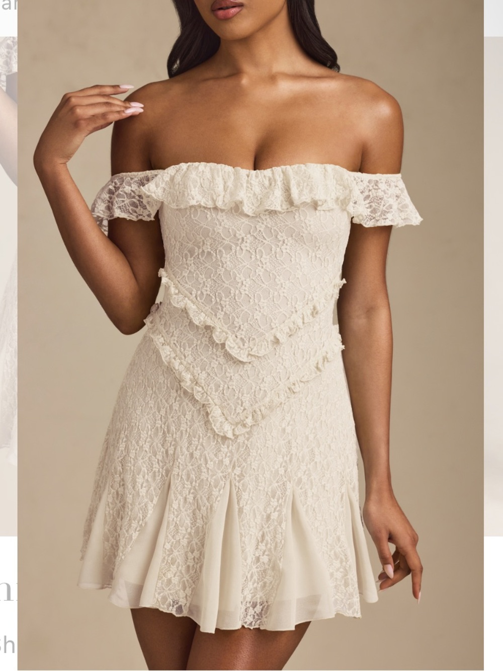 Oh Polly Cream Off-Shoulder Lace Mini Dress